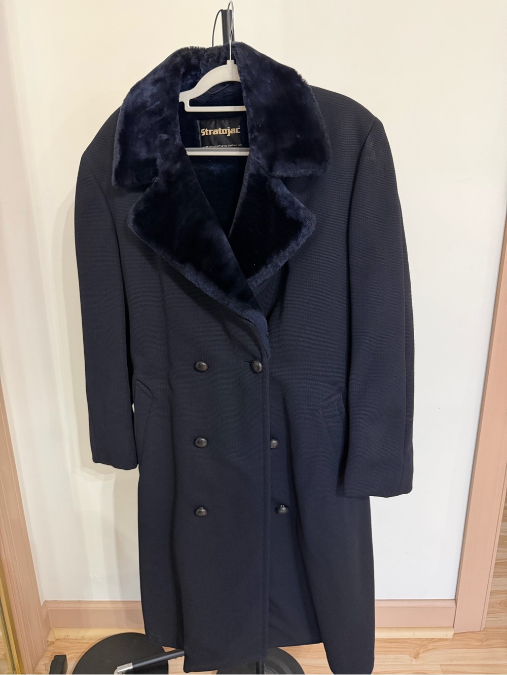 Stratajacket Men's Double-Breasted Navy Pea Coat with Faux Fur Collar